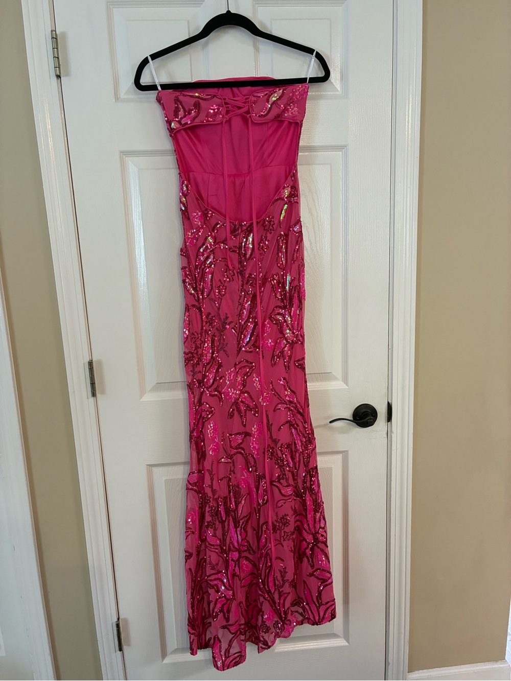 Lulu's Hot Pink Strapless Sequin Column Gown - Picture 3 of 4